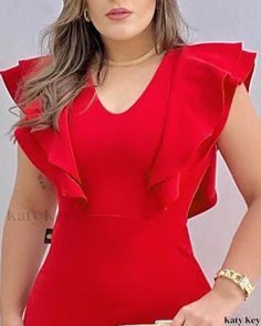 KatyKey - Elegant V-Neck Bodycon Dress with Ruffle Hem Dress With Ruffle Hem, Red Bodycon Dress, Neck Bodycon Dress, Dress Size Chart, Style Elegant, Olivia Mark, Ruffle Hem, Cap Sleeve, Flutter Sleeve