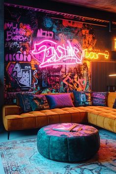 a living room filled with lots of furniture and neon lights on the wall behind it