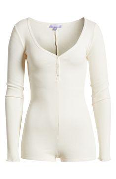 Love to lounge in this soft cotton-blend romper designed with fine allover ribbing. 27 1/2" length Button half placket V-neck Long sleeves 58% cotton, 39% recycled polyester, 3% elastane Machine wash, tumble dry Imported Cute Soft Long Sleeve Onesie, Long Sleeve Onesie For Summer Sleep, White Long Sleeve Onesie For Playwear, Ribbed V-neck Jumpsuit For Loungewear, Cute Winter Fits, Xmas Clothes, White Long Sleeve Romper, Playful Long-sleeve Bubble Romper For Loungewear, Light Grey Leggings