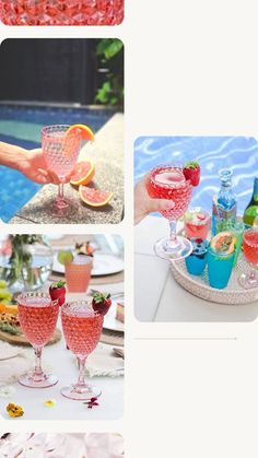 various shots of different drinks on a table next to a pool