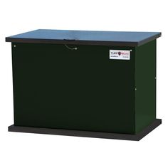 a green box with a blue lid on the top and black bottom, sitting against a white background