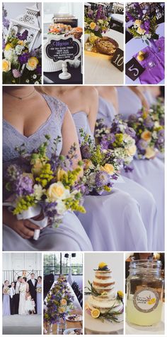 a collage of photos showing different types of wedding cakes and flowers in vases