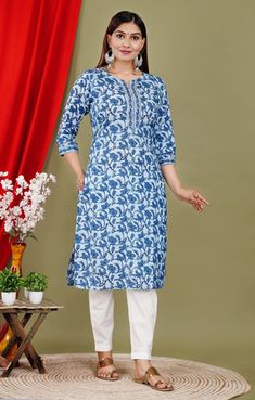 This Royal Blue Beautiful Light Hand Work Kurti has a Round Neck, 3/4th sleeve, and Ankle Length. The Length of this Beautiful Straight Kurti is 45 Inches. Pants Length is 38 Inches.  Pant with 2 Pockets Design :- 2 deep hand pockets are deep enough to store your phone, keys and wallet, easy to access. This Straight Kurti has a Beautiful Print Hem. The Fabric of Kurti is 100% Pure Cotton.  The Pattern, Stitching, and Fitting of this Kurti are superb, You can Buy and try it. It is breathable, sim Festive Kurta With 3/4 Sleeves, Ankle-length Fitted Kurta With Printed Motifs, Fitted Ankle-length Kurta With Printed Motifs, Semi-stitched Long Sleeve Kurta For Spring, Festive Cotton Kurta With 3/4 Sleeve, Fitted Cotton Kurta With 3/4 Sleeves, Fitted Cotton Churidar For Spring, Spring Long Sleeve Cotton Churidar, Spring Anarkali Churidar With Long Sleeves