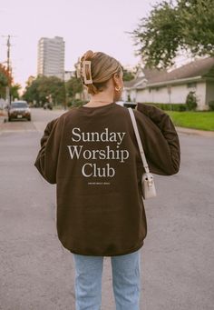 Sunday Worship Club!! This minimalist, streetwear style sweatshirt is perfect for Sunday morning service.  This classic, unisex crewneck will fit like a well-loved favorite from its first wear. Our ultra soft Gildan crewnecks feature... 🖤 Medium weight fabric with a 50/50 cotton & polyester blend 🖤 Tear away label and no side seams 🖤 True to size fit - available in a range of sizes! Questions about sizing? Please refer to the size chart included in our listings! When shopping with our store, Fall Streetwear Sweater, Church Merch Ideas, Outfit Ideas Shirt, Worship Outfits, Jesus Merch, Church Merch, Christian Gift Ideas, Streetwear Crewneck, Shirt Outfit Ideas