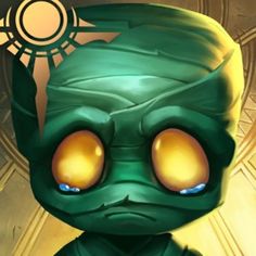 a green creature with big eyes standing in front of a golden circle and looking at the camera