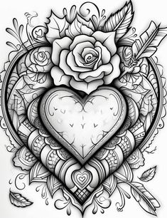 a drawing of a heart with roses and feathers