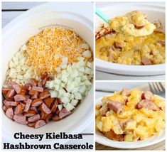 three pictures showing different types of hash browns casserole with cheese and other ingredients