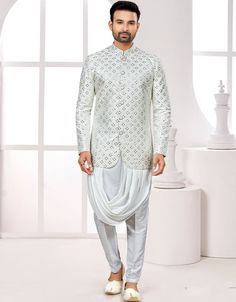 Readymade Men's Ethnic Jackets Off White Ethnic Jackets S-4001 Embroidery Pant Front View Men's Kurta Pajama, Peach Jacket, Mens Traditional Wear, White Dupatta, Embroidery Pants, Men's Kurta, Kurta Pajama, Embroidered Fabric, Silk Dupatta