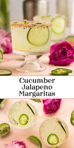 cucumber jalapeno margaritas in glasses with flowers