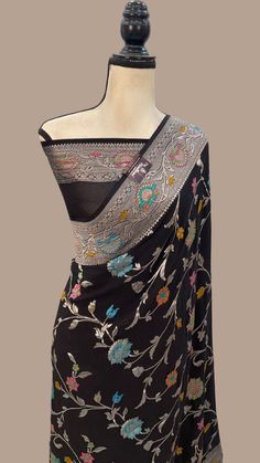 Black Kalamkari Saree, Khaddi Georgette Banarasi Saree, Meenakari Saree, Khaddi Georgette Saree, Best Indian Wedding Dresses, Latest Silk Sarees, Bridal Anklet, Banarasi Brocade