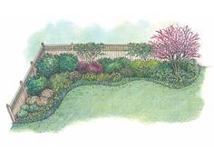 a drawing of a garden with trees and bushes in it, along with a fence