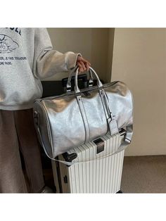 Silver Casual,Sporty Collar  PU Leather Plain Duffel Bag Embellished   Luggage & Travel Gear Silver Luggage, Cruise Essentials, Sac Week End, College Bags, School School, Dance Bag, Travel Organizer, Travel Duffle, Duffle Bag Travel