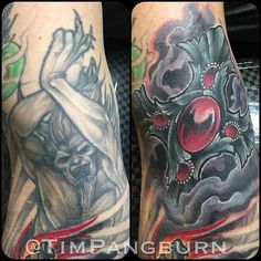 two tattoos on the legs of people with red eyes and an evil mask in front of them