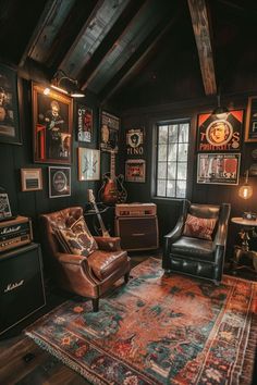 a living room filled with furniture and lots of pictures on the wall next to a window