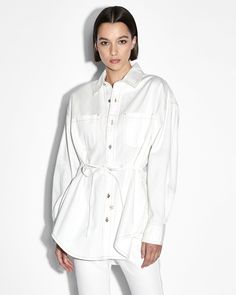 Buy Oversized Tie Ls Shirt Sugar Rush | Ksubi | Ksubi ++ White Denim Tops For Fall, White Denim Everyday Top, White Denim Tops For Everyday, Everyday White Denim Top, White Tops With Contrast Stitching For Spring, Oversized Denim Shirt, Tie Shirt, Sugar Rush, Work Jackets