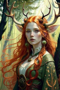 a woman with red hair and horns standing in the woods