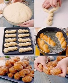 there are several pictures of doughnuts being made