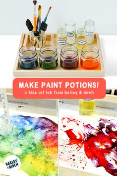 Photos showing how to make our easy DIY magic potion lab for kids and the results these kid-safe chemical reations create to make amazing artwork! Potions Lab Dramatic Play, Potion Making Eyfs, Potions Preschool, Kids Potion Station, Potion Activity For Kids, Mixing Potions Preschool, Halloween Chemistry