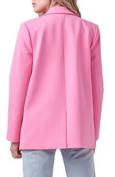 Soften your return-to-office look with this single-button blazer designed with curved lapels and flap pockets. Notched lapels Lined 95% cotton, 5% spandex Hand wash, dry flat Imported Blazer Pink, English Factory, Single Button Blazer, Blazer Designs, Cotton Blazer, Blazer Fashion, Curves Workout, Blazer Buttons, Pocket Detail