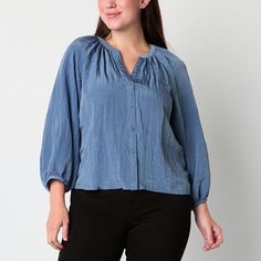 This a.n.a women's button-down blouse is crafted from crinkled fabric and features a soft, billowy silhouette complete with three-quarter balloon sleeves. It's cut for a regular-fit ensuring an effortless yet polished look. Style it with jeans and ankle boots for a chic look. Closure Type: ButtonFit: Regular FitNeckline: Y NeckSleeve Length: 3/4 SleeveSleeve Style: Balloon SleeveApparel Length: 23.75 InchesFiber Content: 67% Polyester, 33% NylonFabric Description: CrinkleCare: Machine Wash, Tumb Crinkled Fabric, Large Shirts, Balloon Sleeves, Blue Blouse, Polished Look, Three Quarter, Shirts Tops, Sleeve Blouse, Blouses For Women