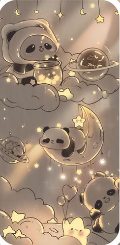 an image of some cartoon animals flying in the sky with stars and clouds around them