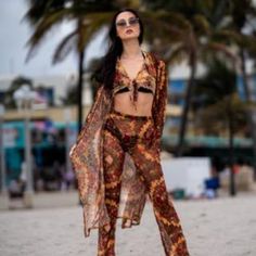 3 Piece Set-Long Sleeve Robe,Straight Long Pants And Tie-Front Top. Perfect For The Beach, Swimming Pool, Poolside, Cruising, Party, Daily, Vacation And Other Occasion 100% Polyester,Machine Washable Casual Two-piece Pants For Vacation, Bohemian Style Brown Pants For Vacation, Bohemian Brown Pants For Vacation, Summer Beach Two-piece Pants, Bohemian Beach Pants, Brown Beach Sets For Spring, Brown Beachwear Sets For Spring, Brown Bottoms For Beach Vacation, Bohemian Brown Bottoms For Beach Season