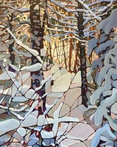 a painting of snow covered trees in the woods