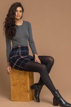 Dress With Tights And Sneakers, Skirts Style, Warm Skirts, School Uniform Skirts, Checked Skirt, Thick Tights, Check Skirt, Blue Mini Skirt, Tights And Boots