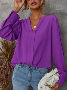 Solid Notched Buttoned Cuff Blouse | SHEIN USA Silk Top Outfit Classy, Shomiz Blouses, Silk Top Outfit, Shirts For Women Stylish, Mode Purple, Tops Outfit, Batwing Sleeve Blouse, Shein Brasil, Blouse Casual Fashion