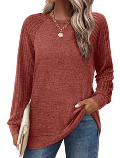 PRICES MAY VARY. ✦Features: Raglan long sleeve tunic tops, lightweight and cozy sweaters shirts, loose fit crewneck sweatshirts. The patchwork textured sleeves add a stylish touch, making it stand out from other plain t-shirts. ✦Match: These versatile tunic sweatshirts are easy to pair with jeans, leggings, shorts, slacks, skirts, boots, and sneakers for a fashion or casual look. They can be worn alone or layered under a coat in winter. ✦Occasion: Daily casual wear, around home, office work clot Red Sweaters For Women, Casual Comfortable Long Sleeve Tops, Casual Sweater With Raglan Sleeves, Casual Long Sleeve Solid Color Top, Comfortable Long Sleeve Tops For Spring, Fall Casual Comfortable Tops, Trendy Long Sleeve Top With Cozy Fit, Comfortable Long Sleeve Winter Tops, Comfortable Long Sleeve Tops For Loungewear