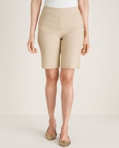 Welcome warm weather in these slimming shorts. They have a sleek, pull-on styling with the perfect amount of stretch. The fabric's softness and elasticity offers a smooth silhouette and comfortable fit. The Fabric: Slightly stretchy fabric is powered by exclusive So Slimming® Hidden Fit technology that slims and smooths at the tummy. Fabric Care: 76% rayon, 21% nylon, 3% spandex. Machine wash. Imported. The Fit: Shorts length with classic fit, slim leg, front pockets, faux back pockets and pull- Pull On Shorts, Cruise Outfits, Slim Shorts, Womens Designer Fashion, Dresses Pants, Slim Leg, Pants Jeans, Slim Legs, Stretchy Fabric