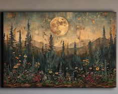 an image of a painting on the wall with trees and flowers in front of it