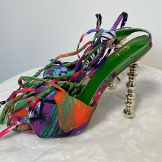 Size 6.5 Multicolored Sandal. Never Worn. Green Sandals With 4-inch Heel For Summer, Trendy Ankle Strap Heels For Vacation, Beach Season Party Heels With Round Toe, Summer Vacation Heels With 4-inch Heel, Multicolor High Heel Summer Sandals, Multicolor Pointed Toe Sandals For Summer, Vacation Heels With 4-inch Heel, Multicolor Open Heel Summer Heels, Multicolor Open Toe Heels