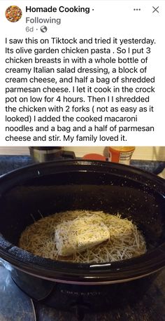 a crock pot with noodles in it on the table