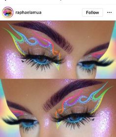 Extra Eye Makeup, Uv Makeup Looks, Blacklight Makeup Ideas, Rave Eyeshadow, Rave Makeup Ideas Festivals, Maquillage Pride, Crazy Makeup Looks Creative, Rave Makeup Looks, Rave Eye Makeup