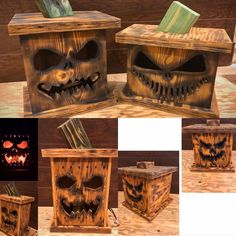 three wooden boxes with carved faces and pumpkins on them, one has a book in it