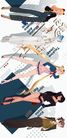 an image of some women with different outfits and hair styles in the style of anime