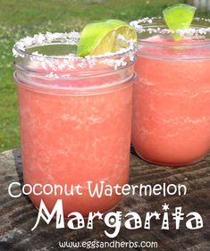 two mason jars filled with coconut watermelon margarita