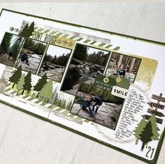 a scrapbook page with trees and mountains in the background, including an image of two people