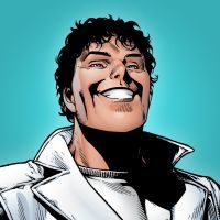 a drawing of a man smiling and wearing a white jacket with his mouth wide open