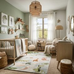 a baby's room with green walls and pictures on the wall