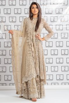 designer sharara with jacket High Neck Indian Dress, High Neck Indian Suits, Nikkah Guest Outfit, Pakistani Outfits Party Wear, Sharara With Jacket, High Neck Kurti Design, Grey Sharara, High Neck Kurti, Cloth Hacks