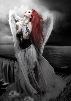 a woman with red hair and white wings