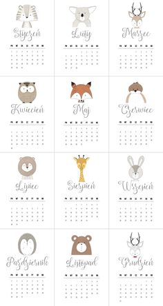 a calendar with animals and names on it