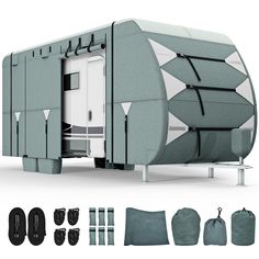 an image of a camper trailer with accessories