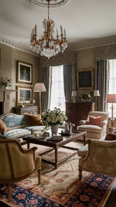 a living room filled with furniture and a chandelier