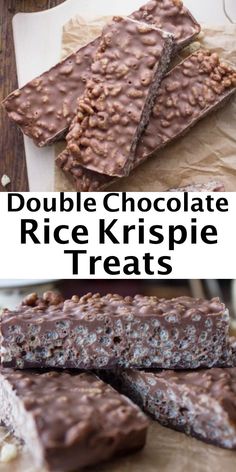 double chocolate rice krispie treats stacked on top of each other with text overlay