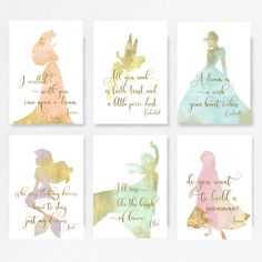 four disney princess silhouettes with gold foil on them, one in pink and the other in