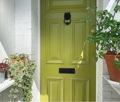 a green front door with potted plants on the ledge