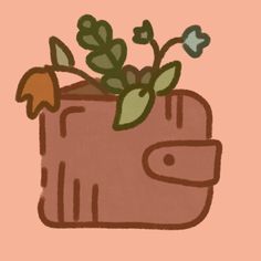 a drawing of a potted plant with leaves on it's side, against a pink background